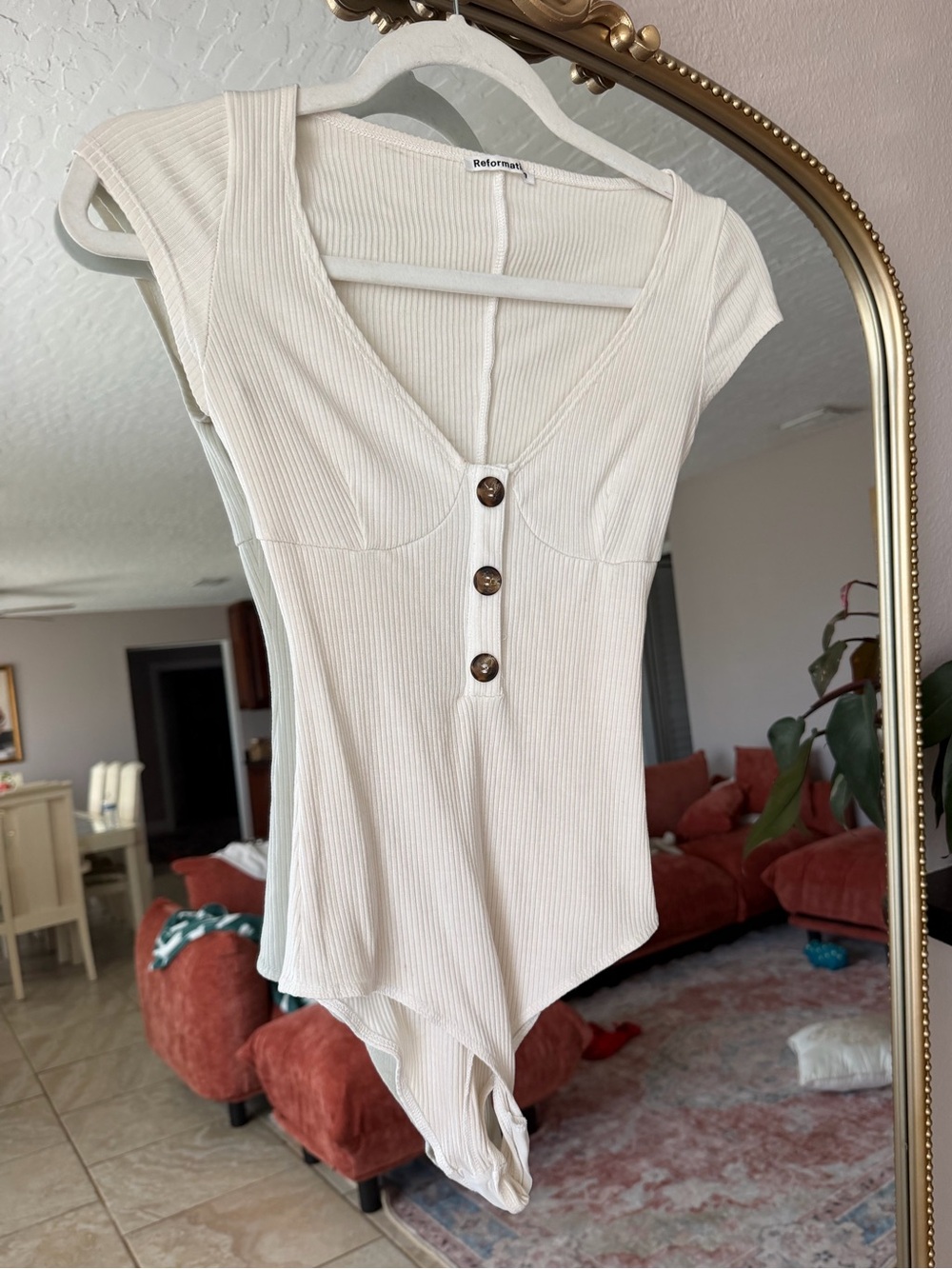 Reformation Cream Ribbed Cap-Sleeve Button Front Bodysuit
